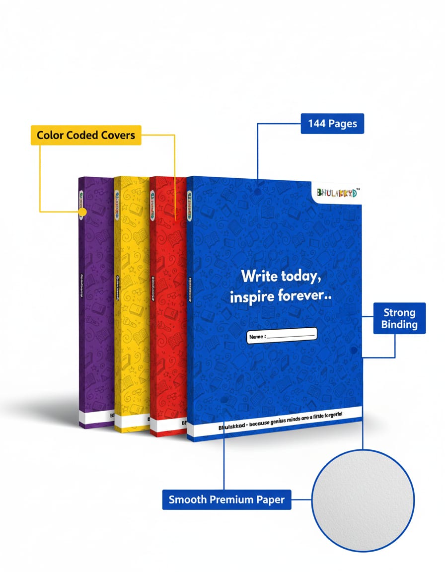 Bhulakkad Color Coded A5 Notebook Set – 144 Pages Premium Study Copies (4 Subjects, 4 Colors) | Smooth Writing Paper with Strong Binding for Students
